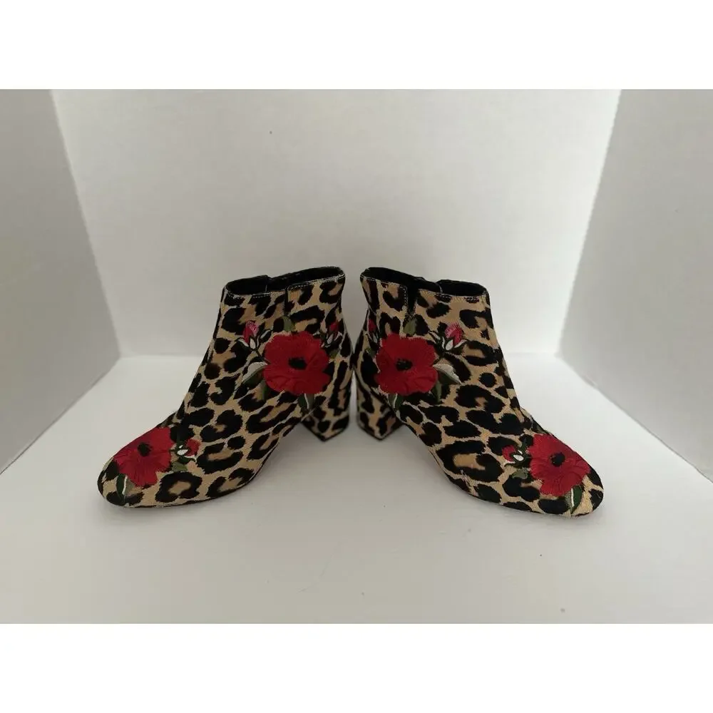KATE SPADE LEOPARD CALIF HAIR BOOTIES WITH ROSE EMBROIDERED DETAIL, SIZE 6M